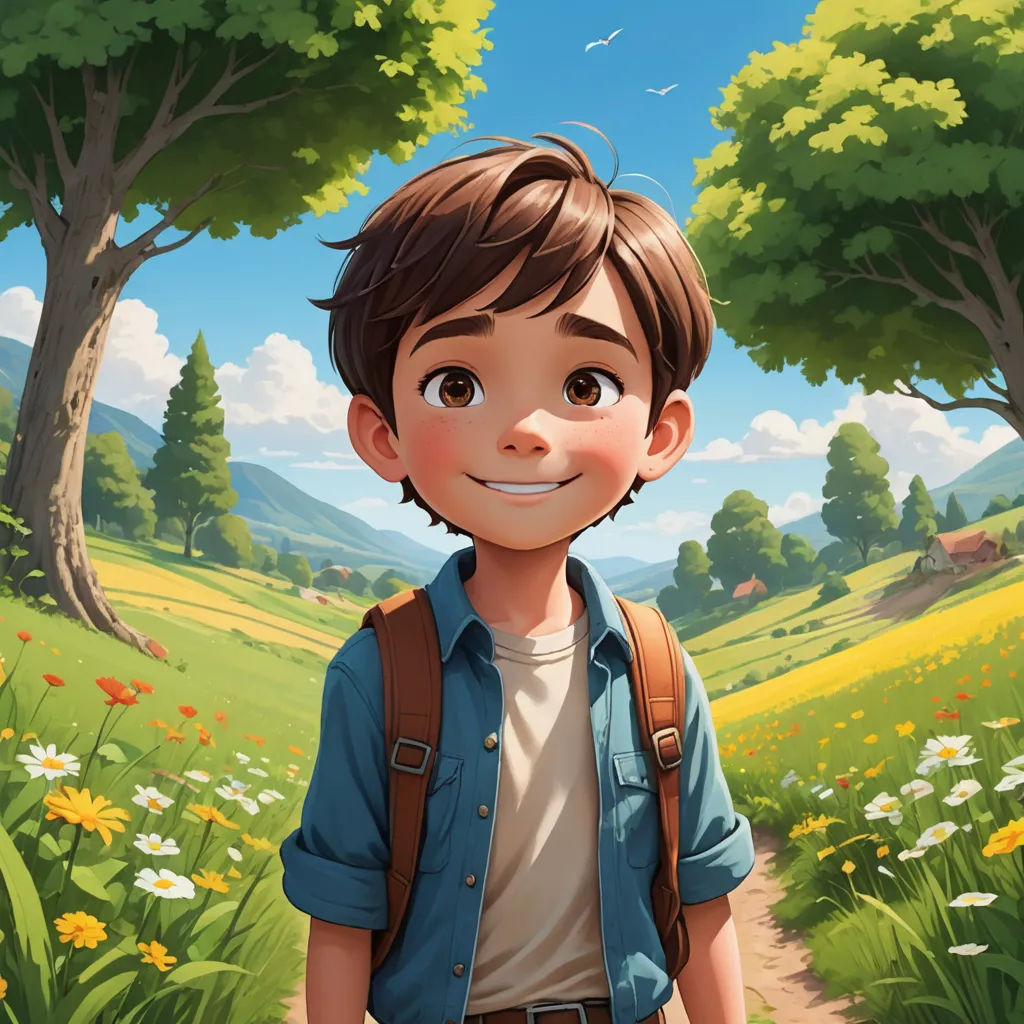 a boy with a backpack standing in a field of flowers and trees, with a blue sky in the background, sots art, a storybook illustration, Alejandro Burdisio, rossdraws global illumination