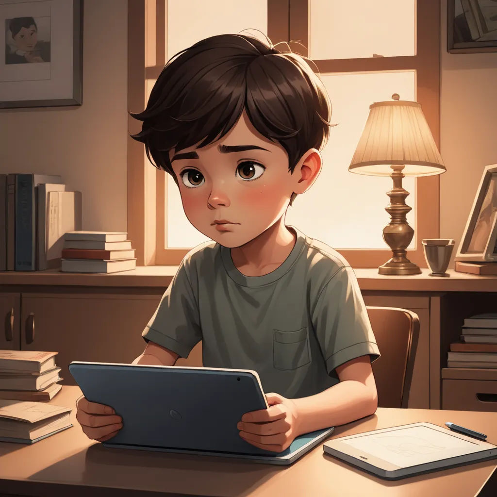 a boy sitting at a desk with a laptop computer in front of him and a lamp on the side, sots art, a storybook illustration, Diego Gisbert Llorens, rossdraws global illumination