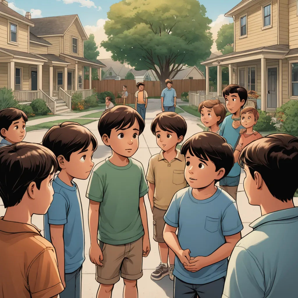a group of children standing in front of a house with a group of people standing around them in front of them, american scene painting, a storybook illustration, Adam Manyoki, graphic novel