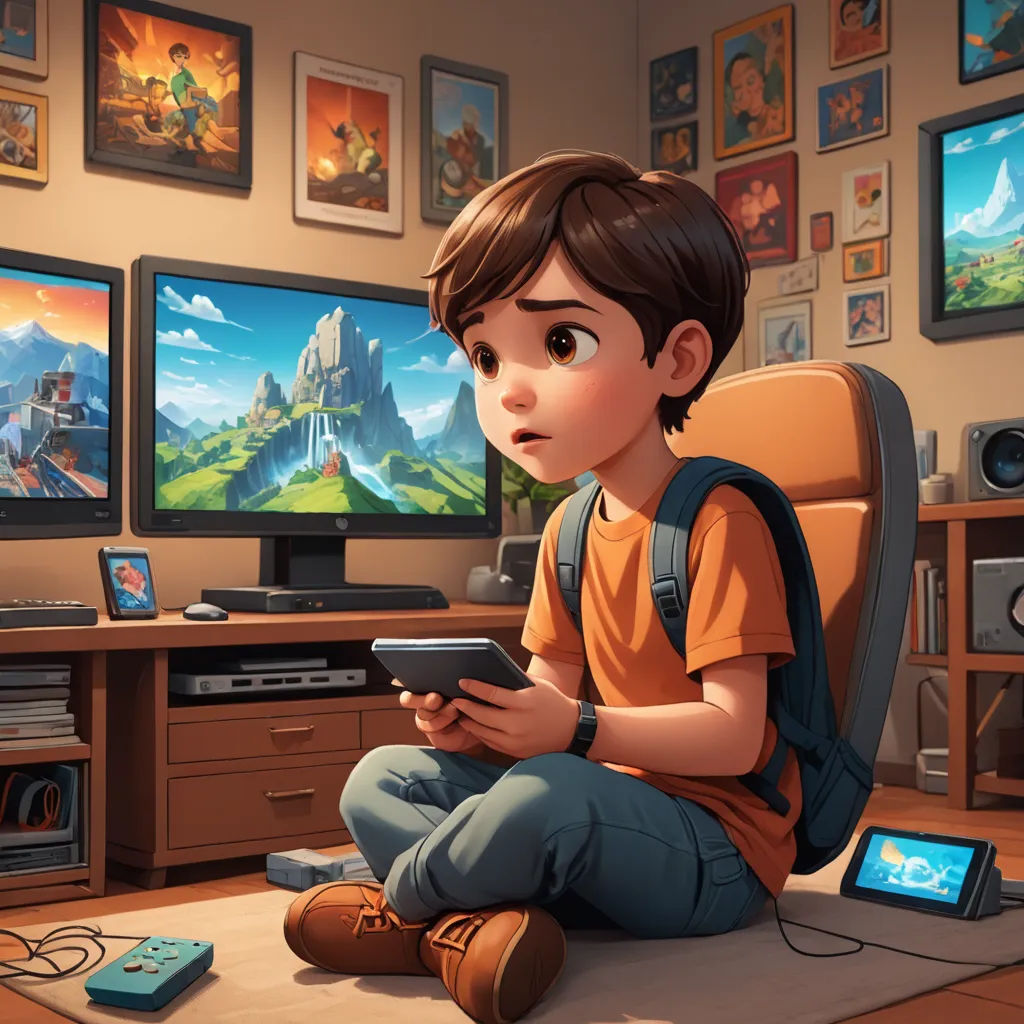 a boy sitting on the floor in front of a tv playing a game on a tablet computer and holding a game controller, sots art, computer graphics, Chris LaBrooy, art station