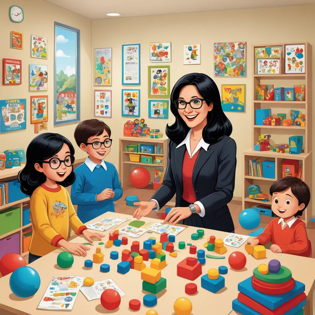 a woman and children playing with a board game in a room with toys and books on the walls and a wall with pictures on the walls, academic art, a storybook illustration, Ada Gladys Killins, promotional image