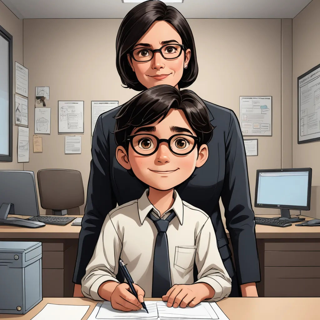 a woman and a boy sitting at a desk with a pen and paper in front of them, with a computer monitor in the background, lyco art, a storybook illustration, Cedric Seaut (Keos Masons), graphic novel