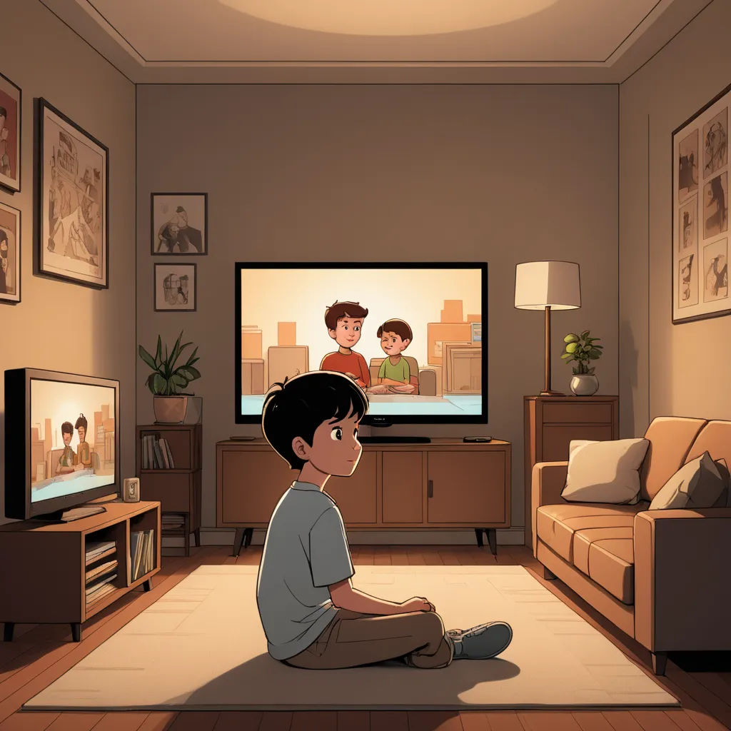a boy sitting on the floor watching tv in a living room with a couch and a television on the wall, sots art, a storybook illustration, Asaf Hanuka, cinema