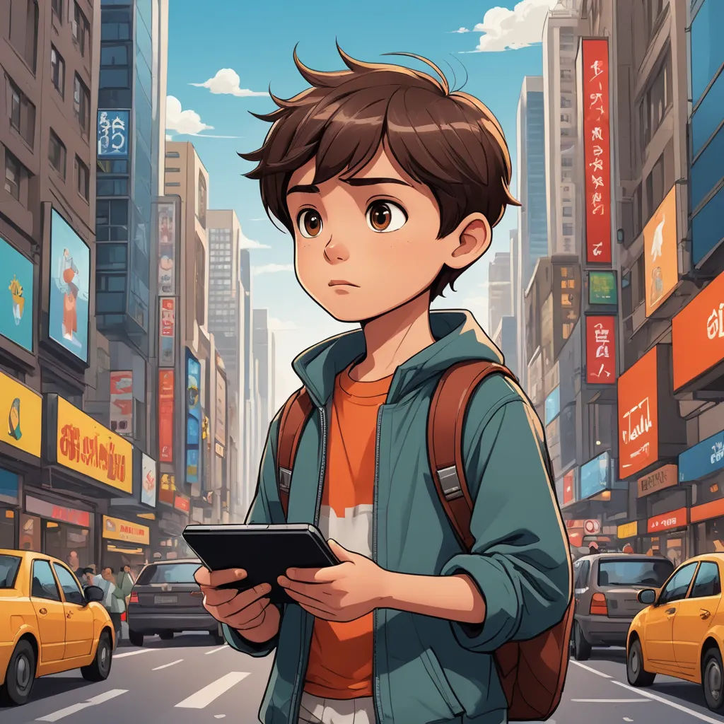a boy standing in the middle of a busy city street holding a tablet computer in his hands and looking at the screen, american scene painting, a comic book panel, Diego Gisbert Llorens, city background
