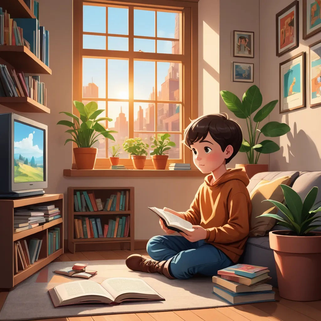 a boy sitting on a couch reading a book in a living room with a window and a television in the background, photorealism, a storybook illustration, Chris LaBrooy, rossdraws global illumination