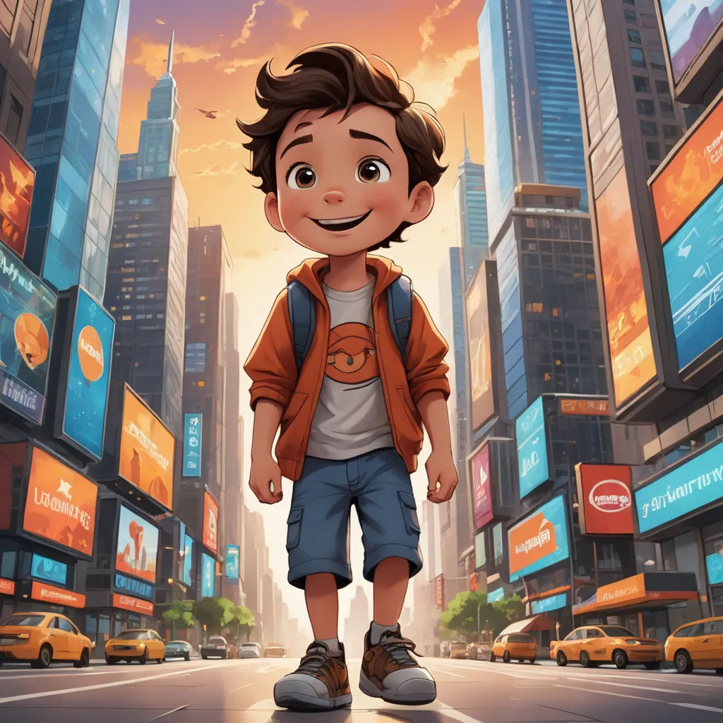 a boy walking down a street in a city with tall buildings and billboards on the sides of the street, american scene painting, poster art, Alejandro Burdisio, rossdraws global illumination