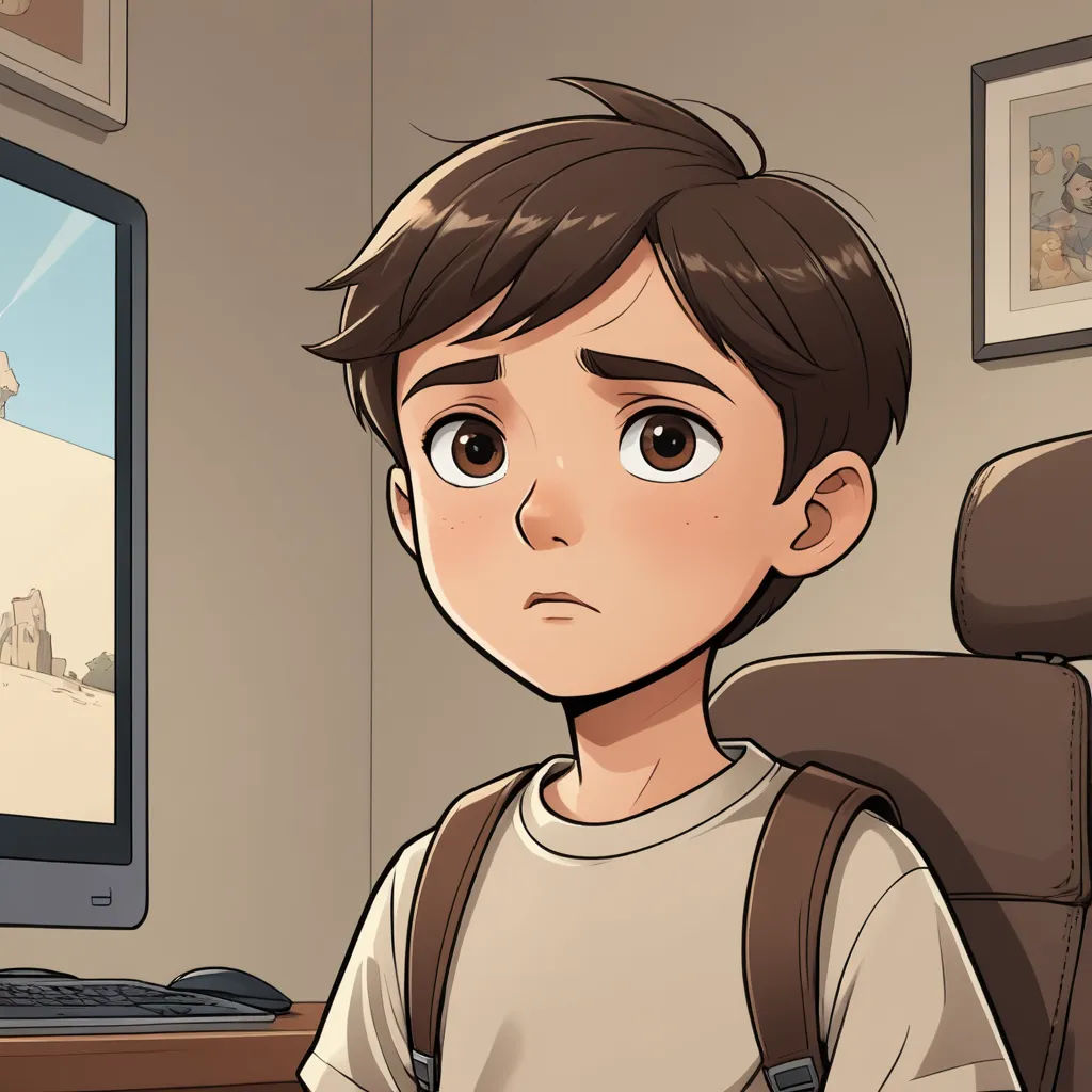 a boy sitting in front of a computer monitor with a cartoon character on it's screen and a backpack on his shoulder, serial art, a character portrait, Cedric Seaut (Keos Masons), graphic novel