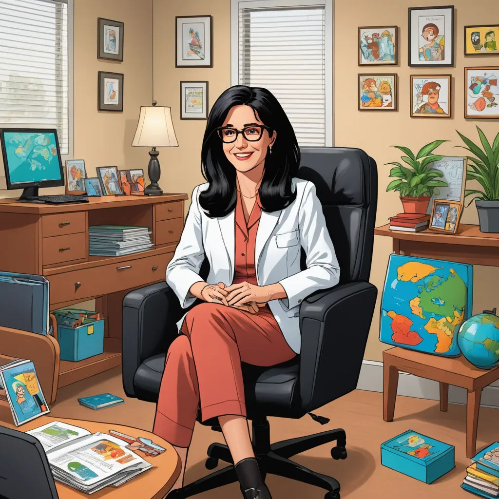 a woman sitting in a chair in a room with a desk and a laptop computer on it and a picture of a baby in the background, academic art, a storybook illustration, Frances Jetter, promotional image