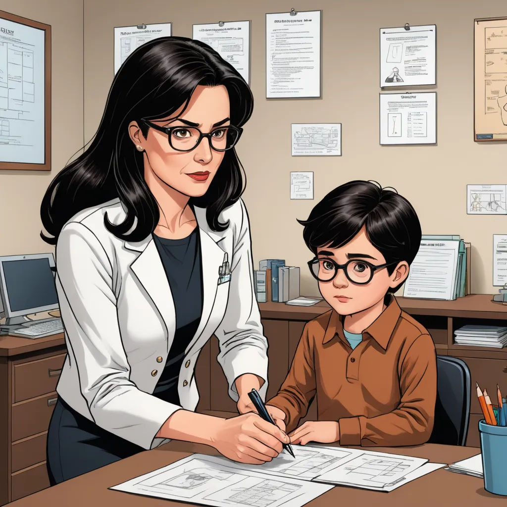 a woman and a boy are sitting at a desk in an office setting with paperwork and papers on the desk, academic art, a comic book panel, Everett Warner, official art