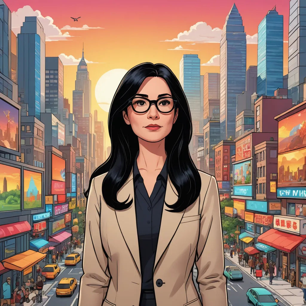 a woman in a suit and glasses standing in front of a cityscape with a sunset in the background, serial art, a character portrait, Ada Gladys Killins, graphic novel