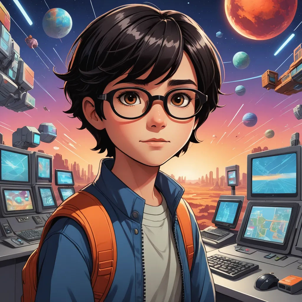 a boy with glasses standing in front of a computer desk with a solar system in the background and a planet in the background, space art, a character portrait, Cedric Seaut (Keos Masons), 2 d game art