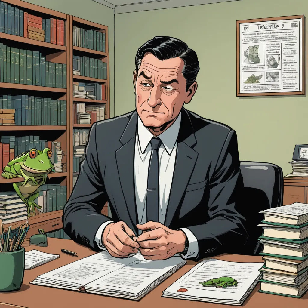 a man in a suit sitting at a desk with books and a frog on it's lap top, american realism, a character portrait, Al Feldstein, vfx