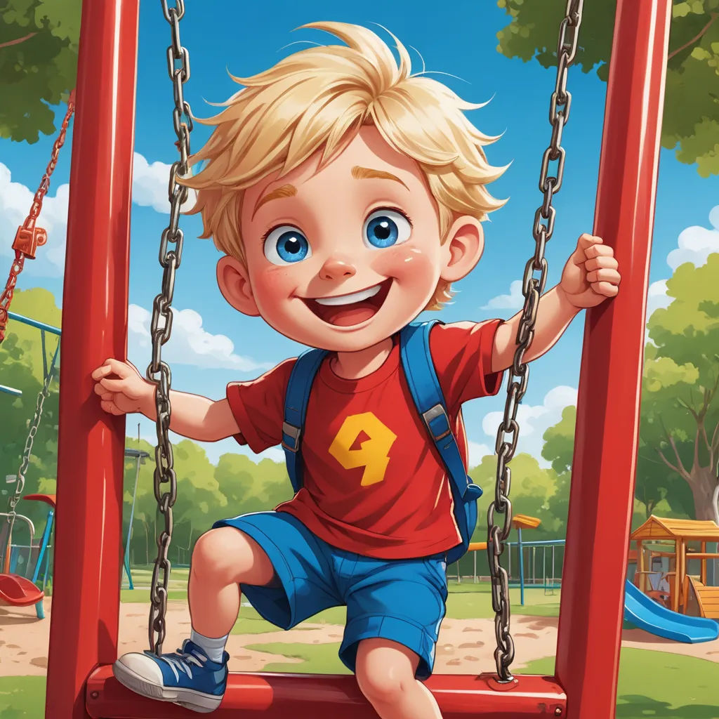 a boy is playing on a swing in a park with a playground in the background and a playground with swings and swings, sots art, a storybook illustration, Chris Rallis, professional digital painting