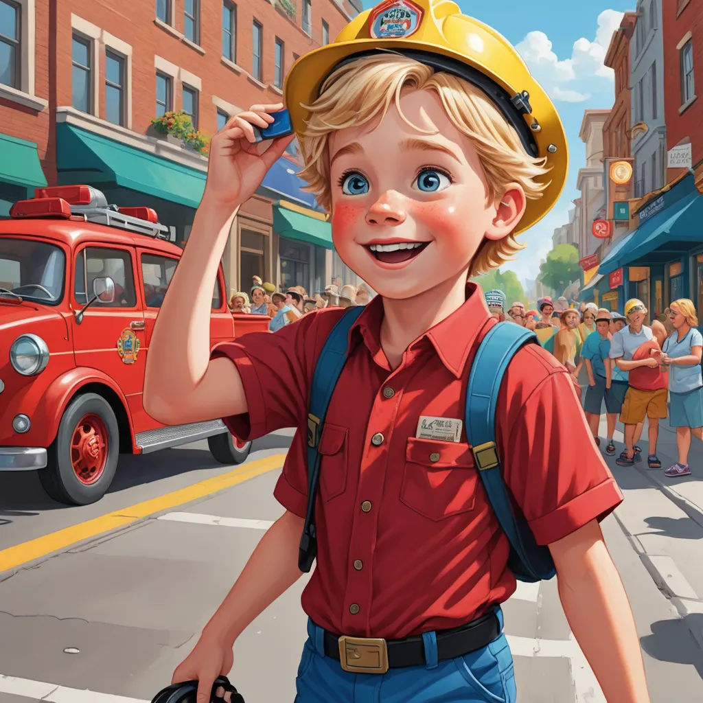 a boy in a red shirt and a yellow helmet is walking down the street with a camera in his hand, american scene painting, a storybook illustration, Bob Byerley, kinkade