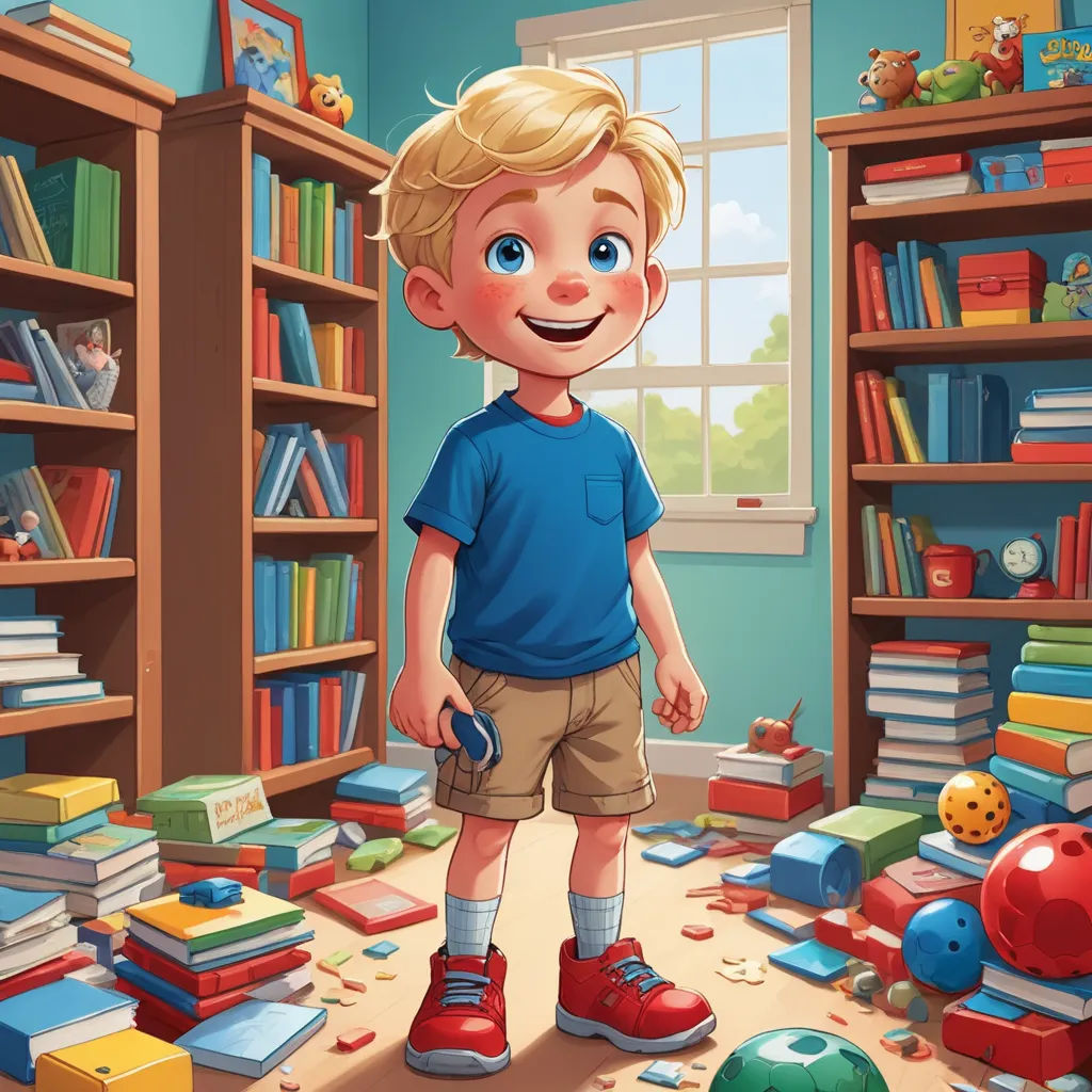 a boy standing in a room full of books and toys in front of a window with a smiling face, photorealism, a storybook illustration, Chris LaBrooy, storybook illustration
