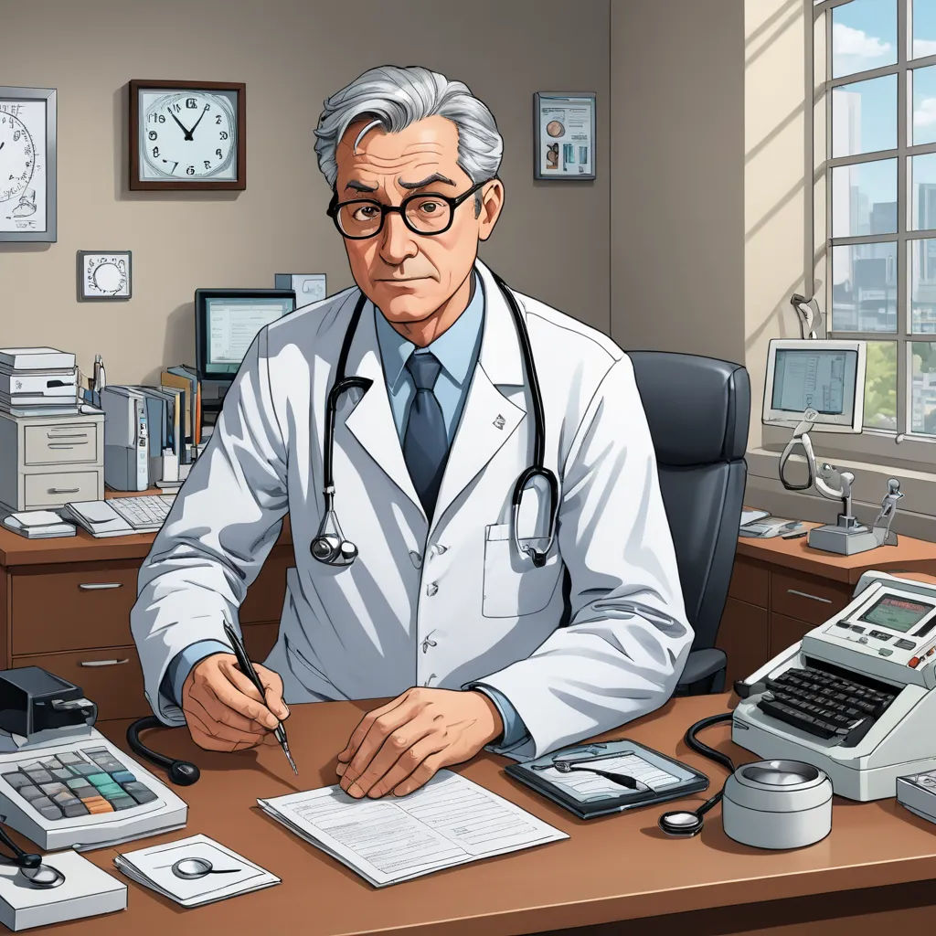 a doctor sitting at a desk with a calculator and a pen in his hand and a calculator on the desk, remodernism, a character portrait, Doc Hammer, official art