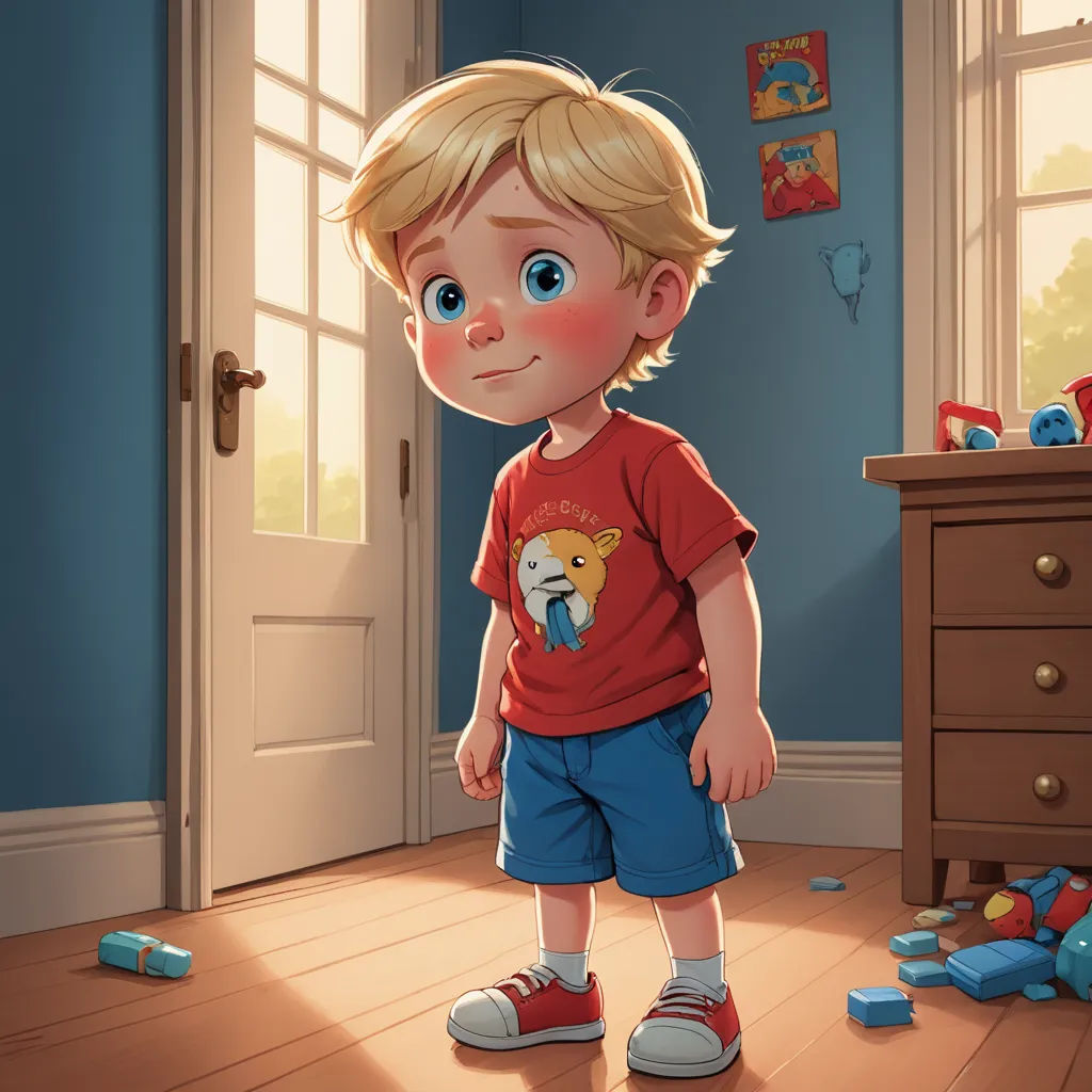 a boy standing in a room with toys all around him and a teddy bear on the floor next to him, photorealism, a storybook illustration, Aaron Jasinski, rossdraws global illumination