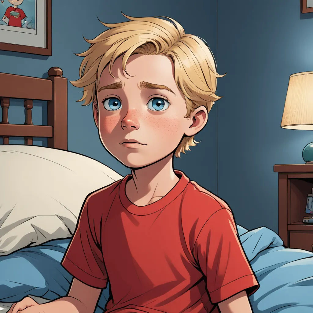 a boy sitting on a bed with a red shirt on and a blue wall in the background with a picture of a boy on the wall, furry art, a comic book panel, Aaron Jasinski, kinkade