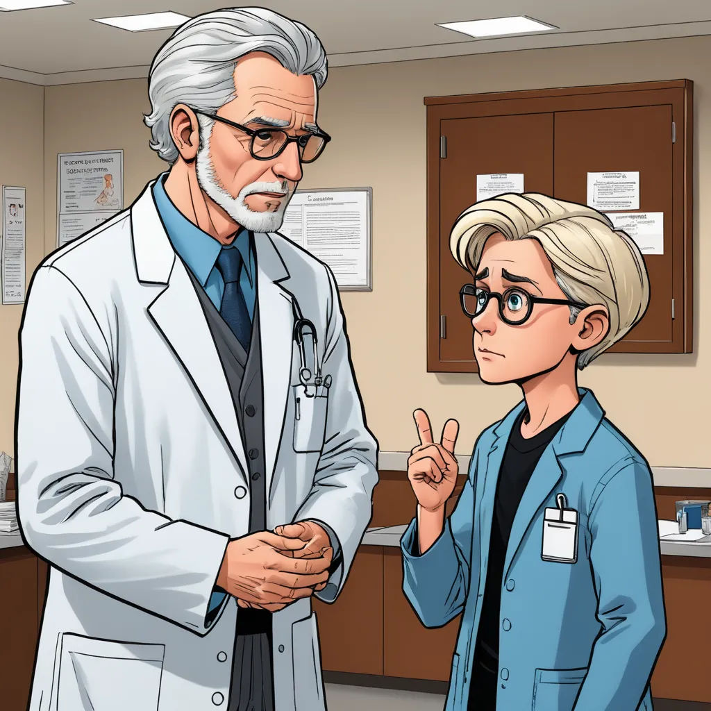 a cartoon of a doctor and a woman talking to each other in a room with a desk and cabinets, remodernism, a comic book panel, Doc Hammer, official art