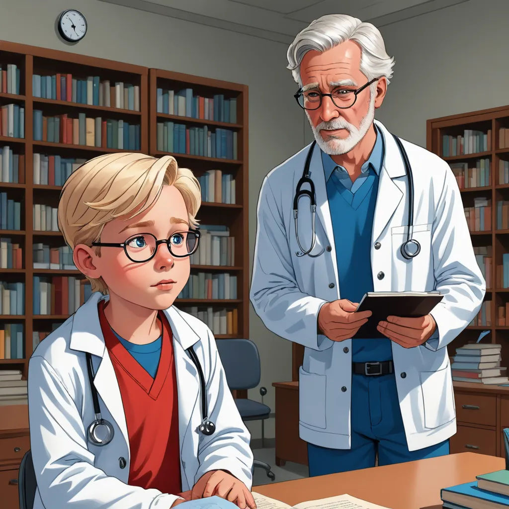 a cartoon of a doctor and a boy in a library with books on the desk and a bookcase, sots art, a storybook illustration, Doc Hammer, official art