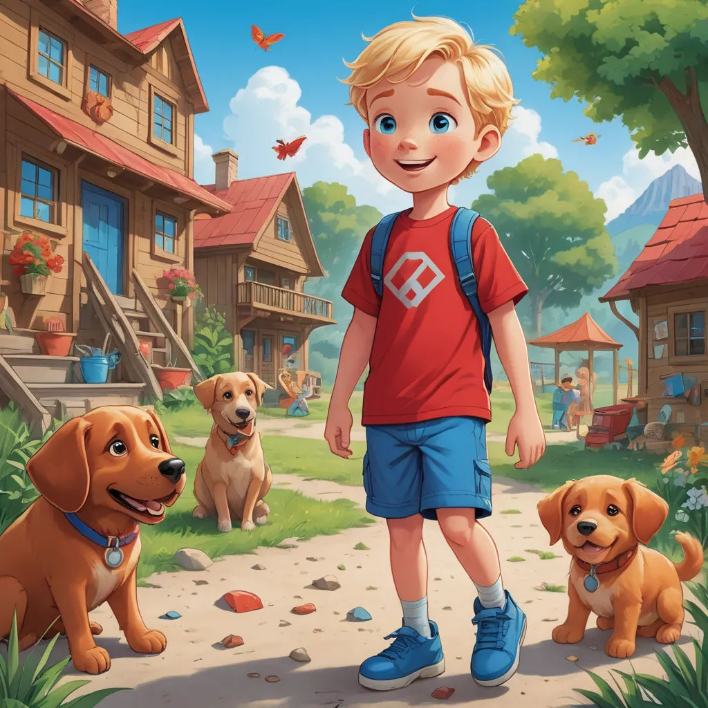 a boy standing in front of a group of dogs in a park with a house in the background and a dog on the ground, american scene painting, a storybook illustration, Aaron Jasinski, comic cover art