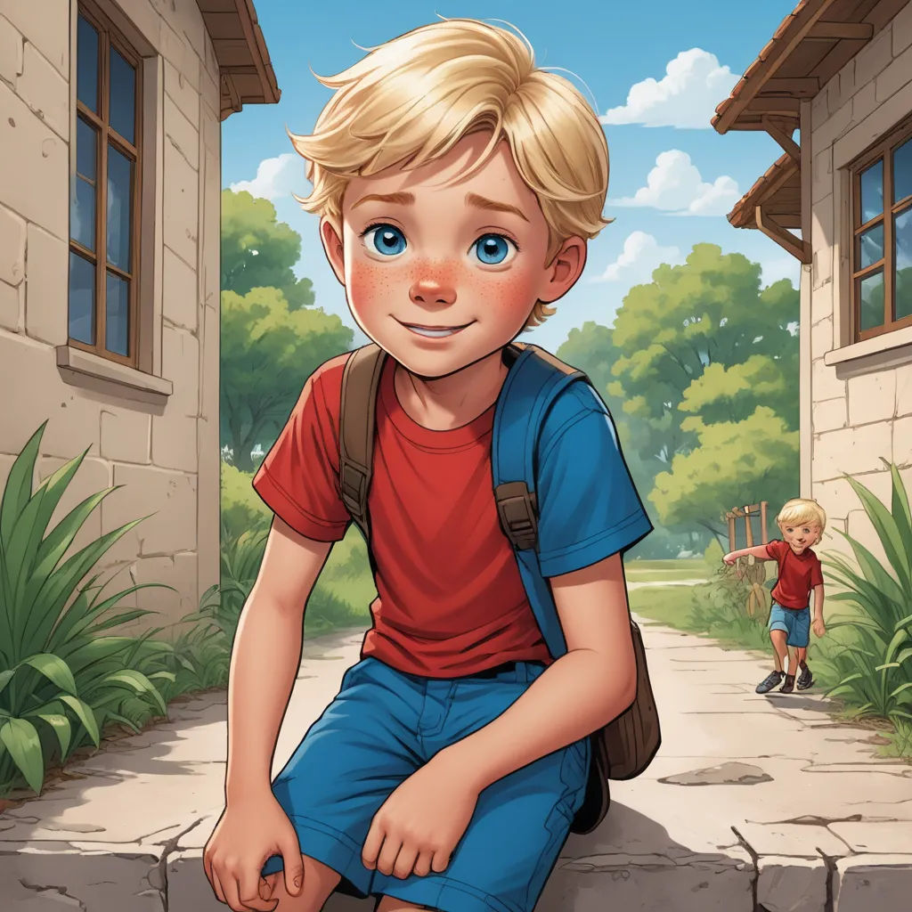 a boy sitting on a stone step in front of a house with a boy standing behind him and a boy standing behind him, american scene painting, a storybook illustration, Aaron Jasinski, comic cover art