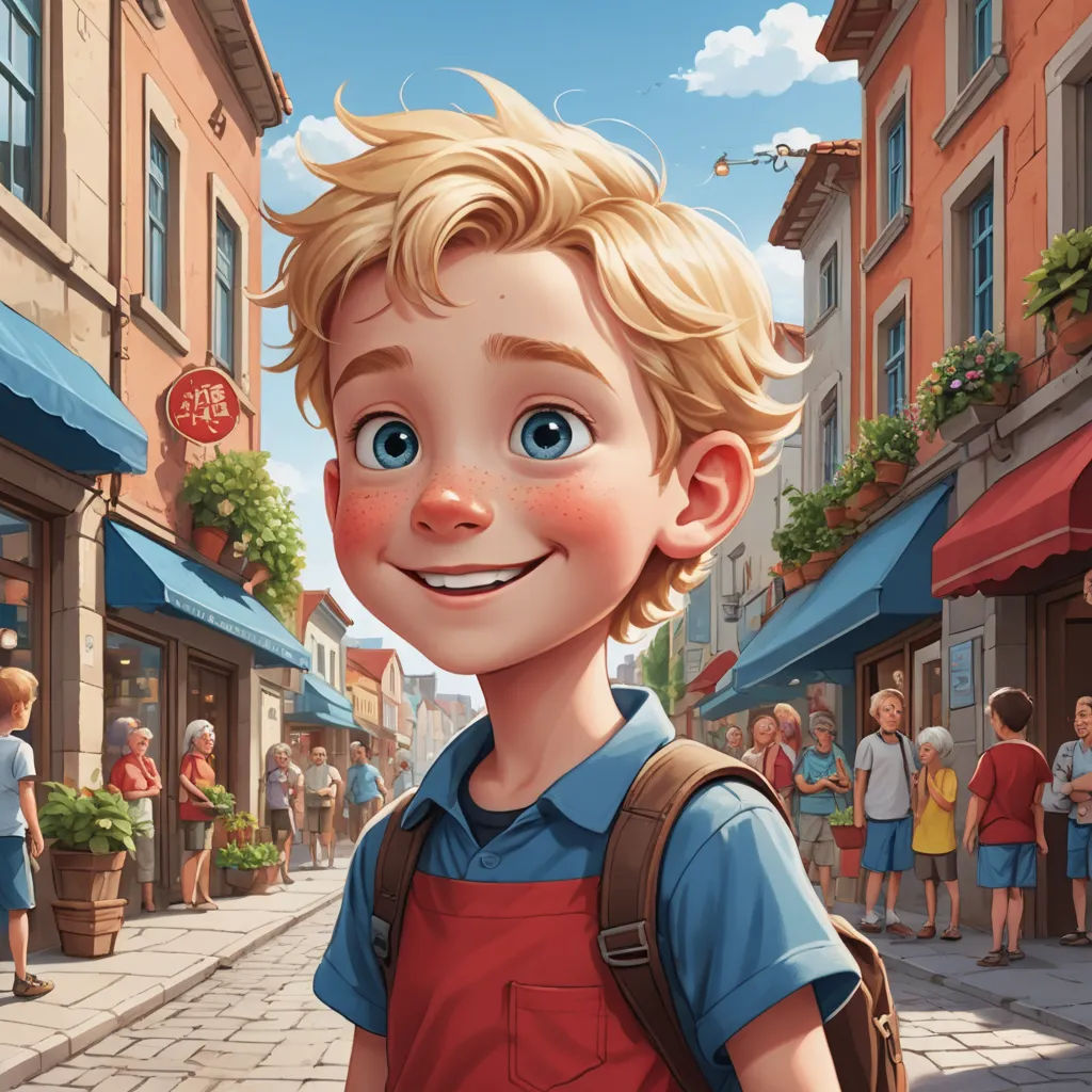 a boy with a backpack is standing in front of a street with people and buildings on it, and a woman is smiling, photorealism, a storybook illustration, Clint Cearley, rossdraws global illumination
