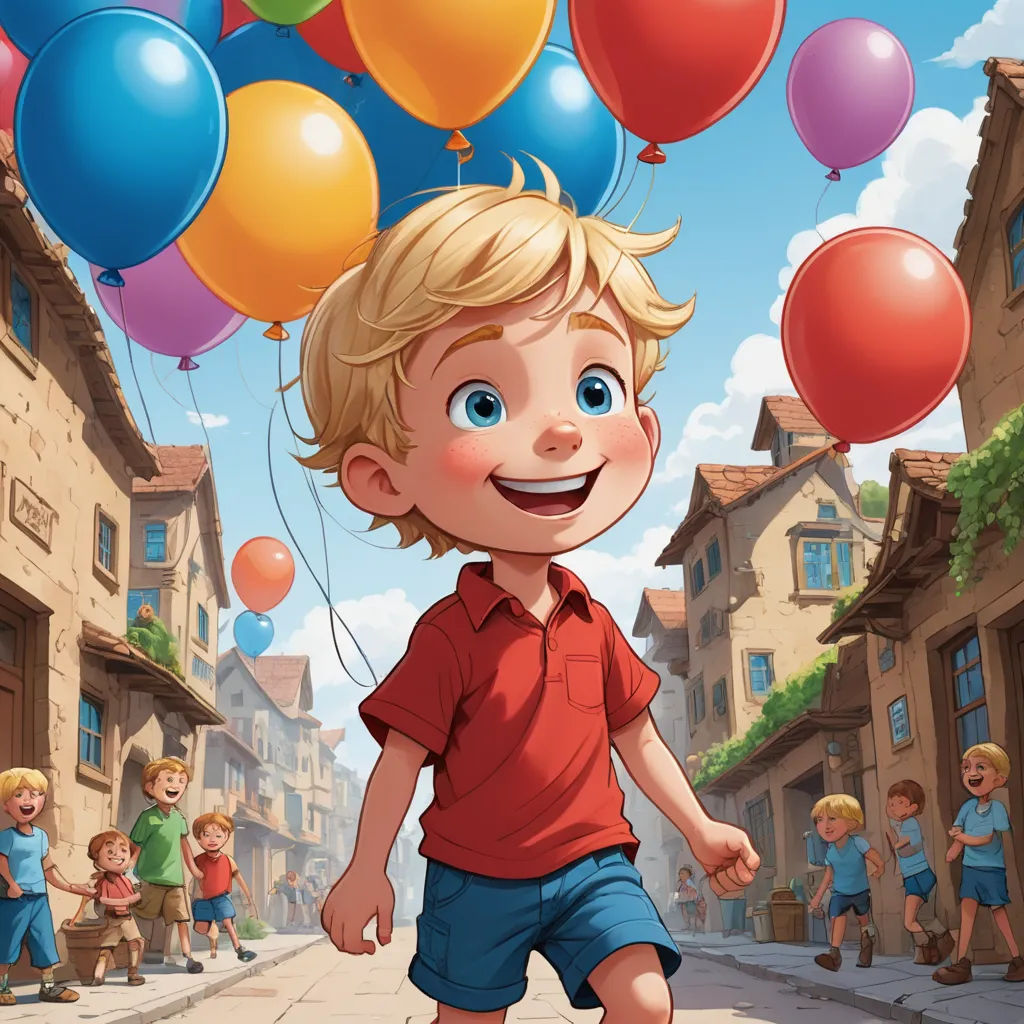 a boy is walking down the street with balloons in the air above him and a group of children are walking down the street, lyco art, a storybook illustration, Diego Gisbert Llorens, storybook illustration
