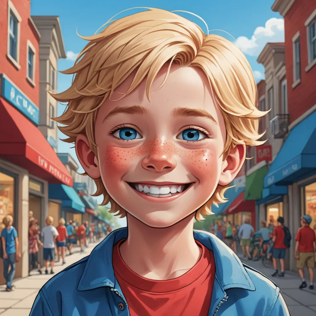 a boy with blue eyes and a blue jacket on a city street with people walking around him and a red shirt on, photorealism, a character portrait, Chris LaBrooy, rossdraws global illumination