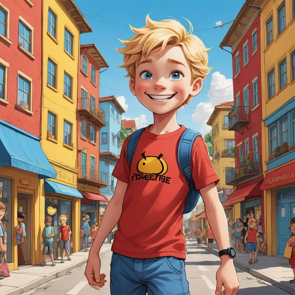 a boy with a backpack is walking down the street in front of a building with a smile on his face, photorealism, a character portrait, Cliff Childs, rossdraws global illumination