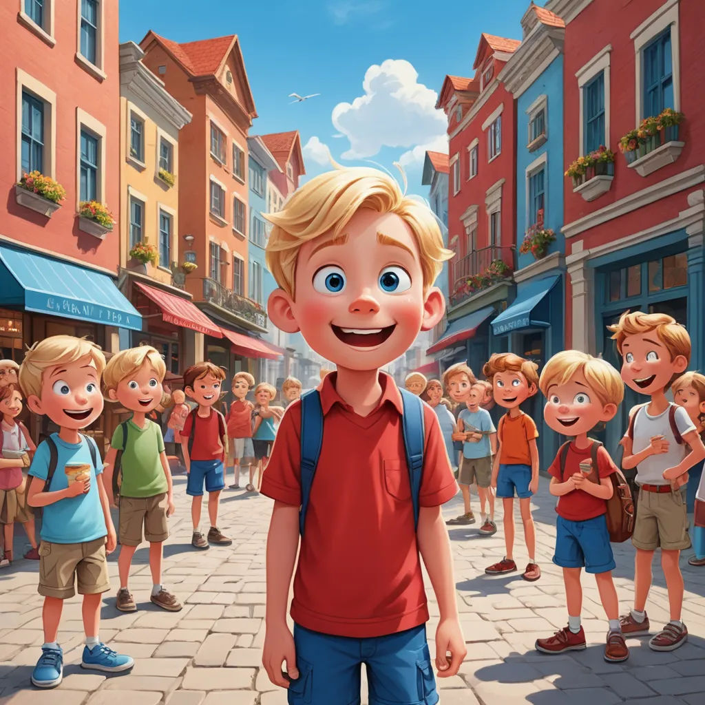 a cartoon boy standing in front of a group of people on a street with buildings in the background and a crowd of people standing around him, american scene painting, a storybook illustration, Chris LaBrooy, official art