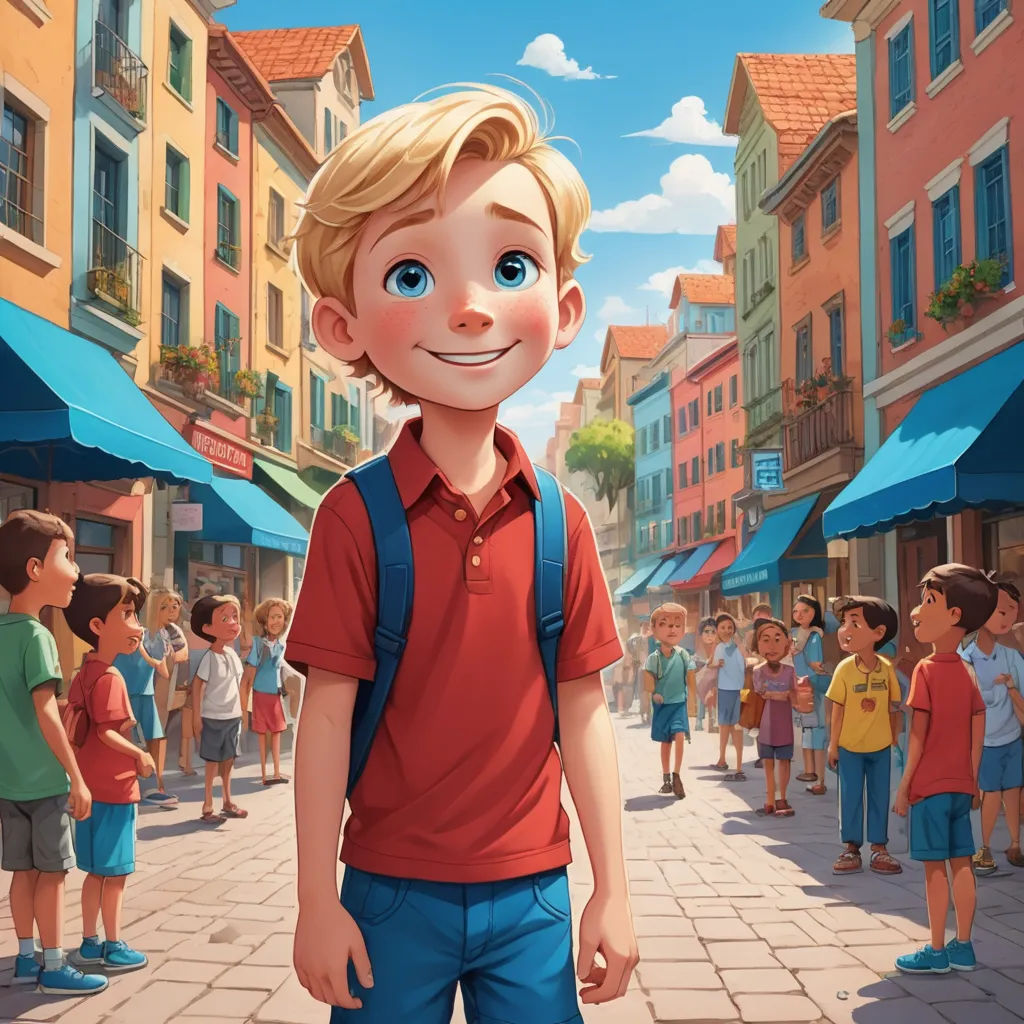 a boy in a red shirt and blue jeans stands in front of a crowd of people in a city, american scene painting, a storybook illustration, Alejandro Burdisio, rossdraws global illumination
