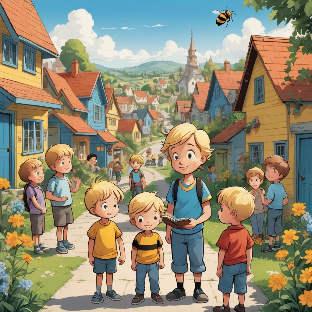 a group of children standing in front of a village with a bee flying overhead in the sky above them, american scene painting, a storybook illustration, Brothers Hildebrandt, storybook illustration