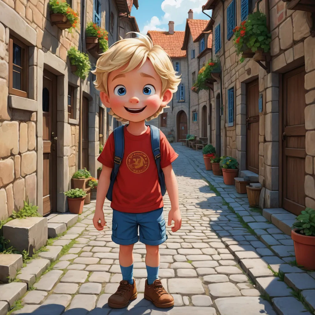 a cartoon boy with a backpack standing in a street with a cobblestone road and stone buildings in the background, photorealism, a storybook illustration, Chris LaBrooy, rossdraws global illumination