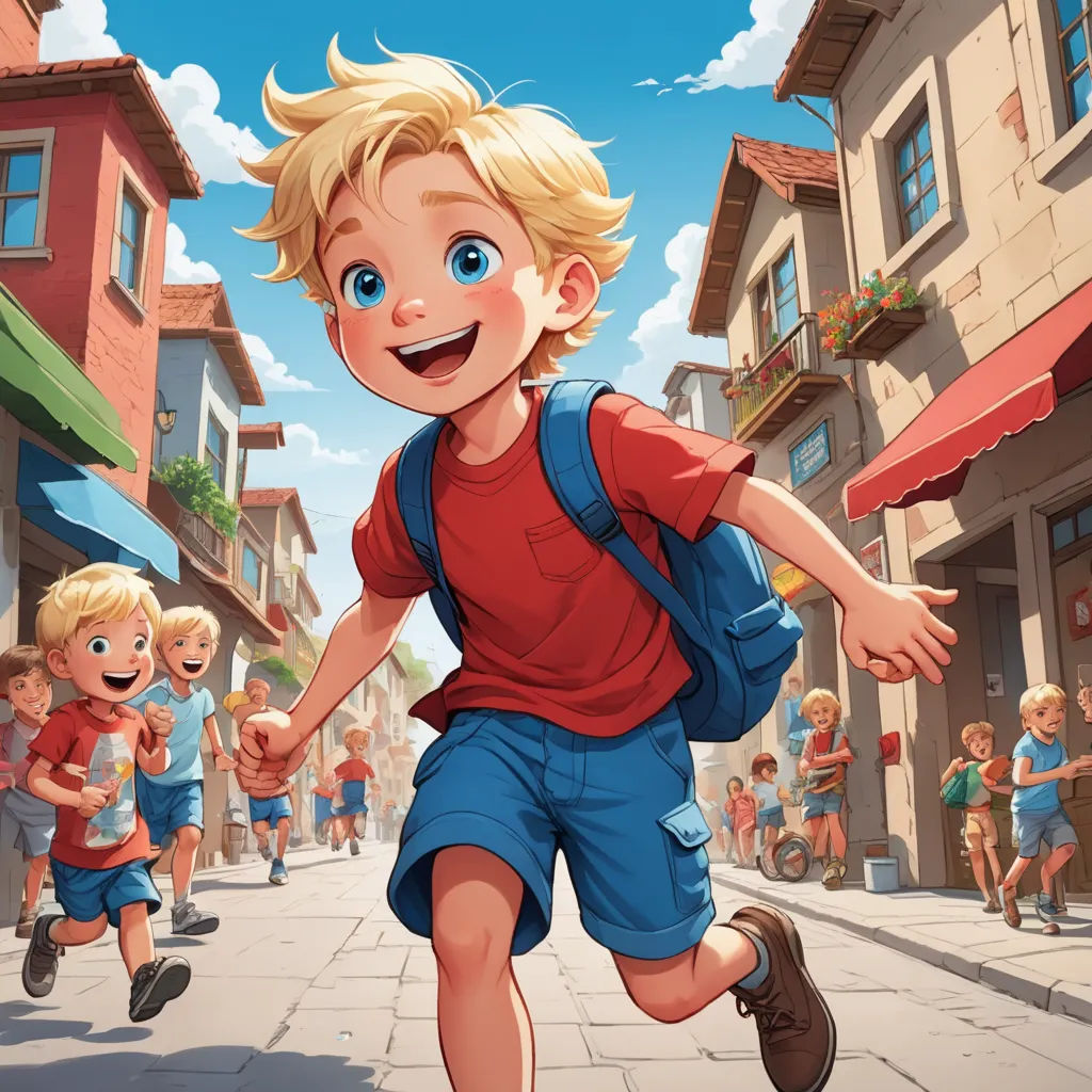 a boy running down a street with a group of children behind him in the background of a cartoon style, paris school, a storybook illustration, Brothers Hildebrandt, official art