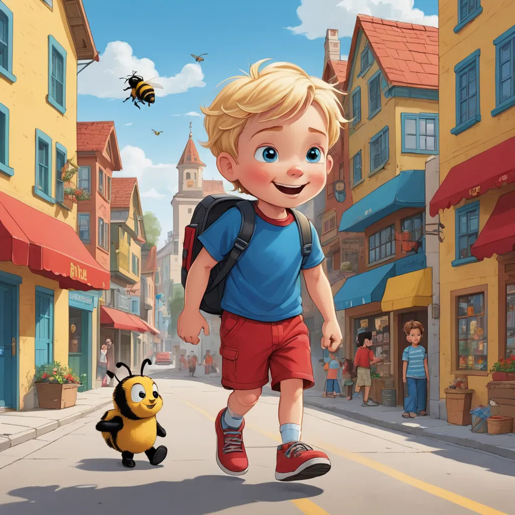 a boy walking down a street with a bee on the sidewalk next to him and a building with a clock on it, american scene painting, a storybook illustration, Chris LaBrooy, storybook illustration