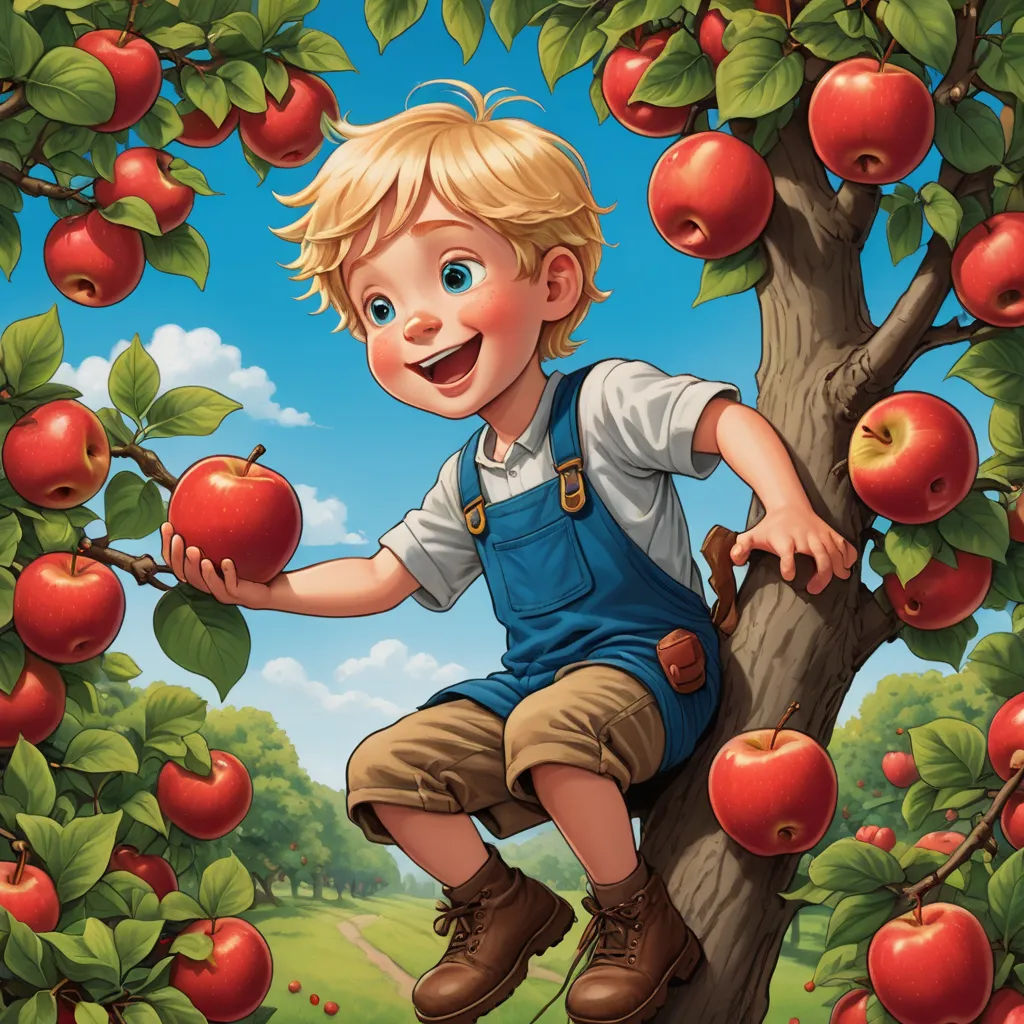a boy climbing a tree with apples on it in a field of grass and trees with green leaves and blue sky, pop surrealism, a storybook illustration, Aaron Jasinski, highly detailed digital painting