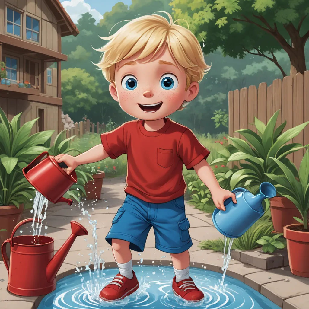 a boy is watering his garden with a watering can and a watering can in his hand and a watering can in his other hand, american scene painting, a storybook illustration, Aaron Jasinski, storybook illustration