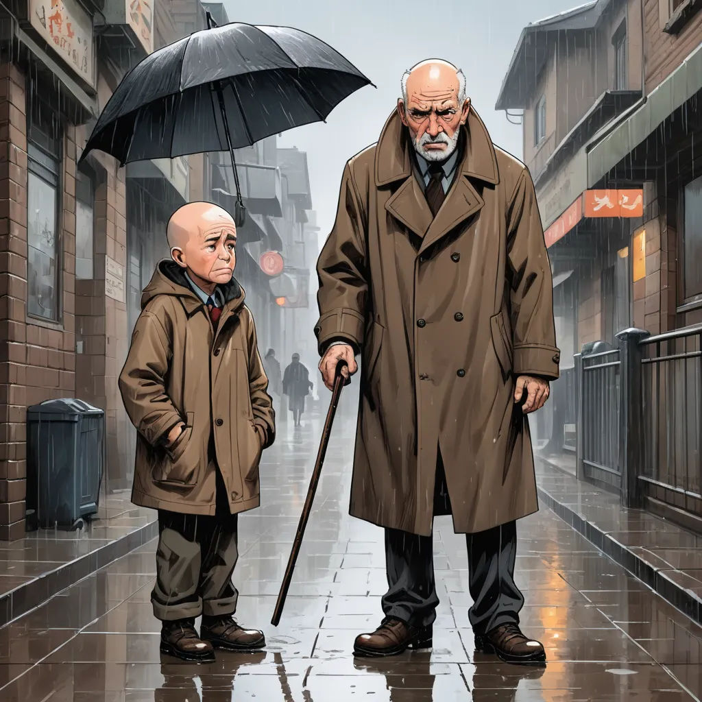a man and a boy standing in the rain with an umbrella and a man in a trench coat holding a cane, fantastic realism, an ultrafine detailed painting, F. Scott Hess, official art