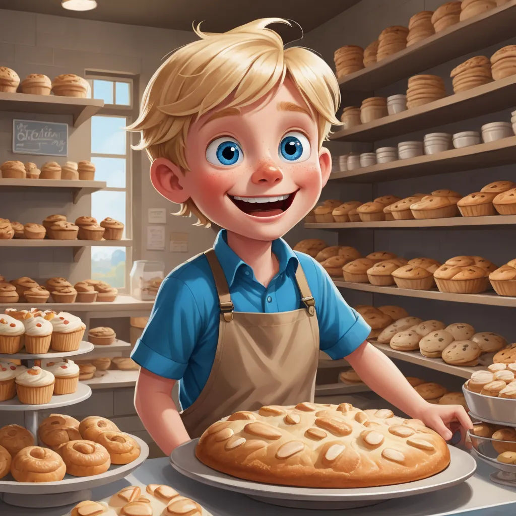 a cartoon boy is smiling while holding a tray of baked goods in a bakery shop with a large selection of baked goods, photorealism, a storybook illustration, Cliff Childs, kinkade
