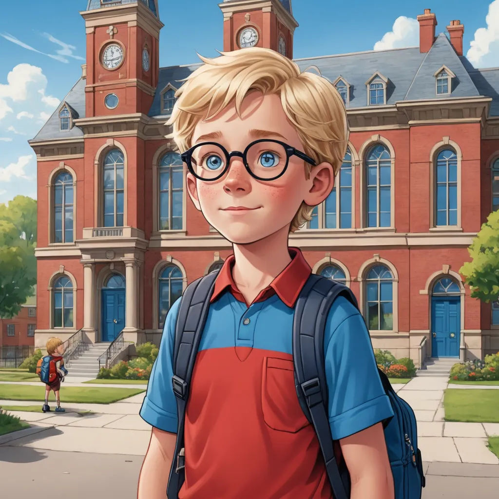 a boy with glasses and a backpack in front of a building with a clock tower on it's side, paris school, a character portrait, Aaron Jasinski, official art