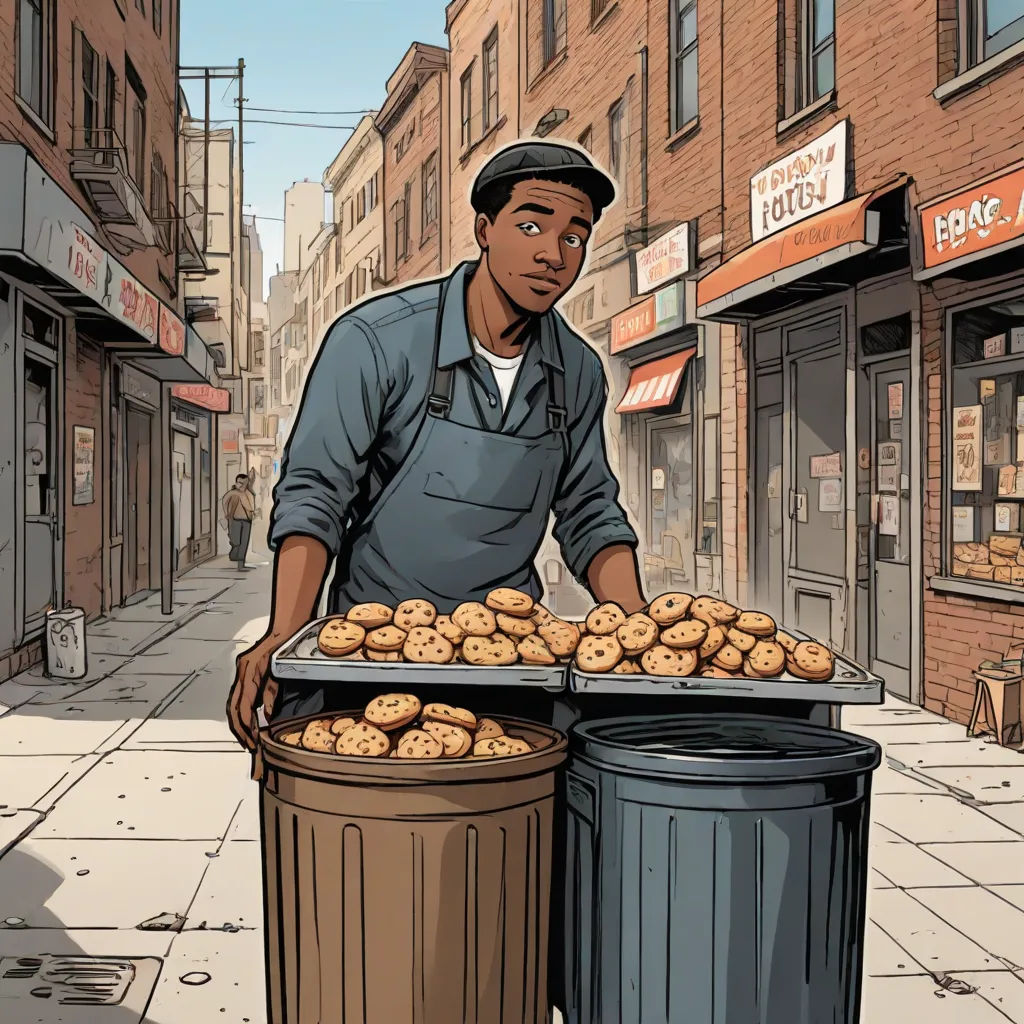 a man is holding a tray of food in front of a trash can and a trash can on the sidewalk, harlem renaissance, a comic book panel, Asaf Hanuka, comic cover art