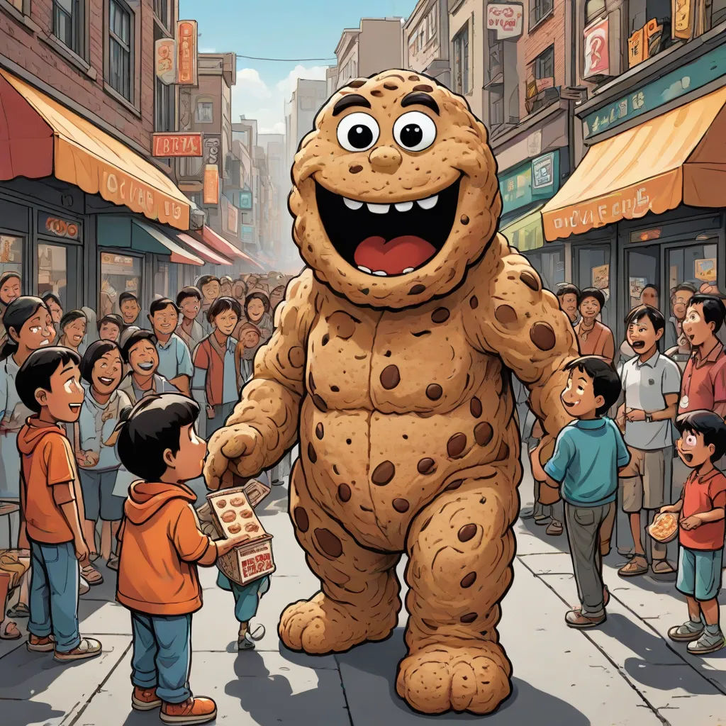 a cartoon of a giant cookie character walking down a street with a small boy in front of him and a crowd of people, furry art, a storybook illustration, Chris LaBrooy, official art