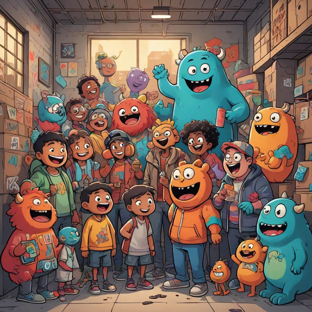 a group of people standing in a room with a monster on the wall and a monster on the floor, sots art, a storybook illustration, Chris LaBrooy, josan gonzales and dan mumford