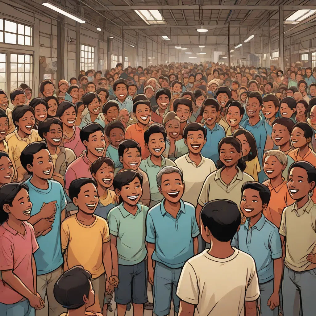 a crowd of people standing in a building with a cartoon of a man smiling and laughing at the camera, serial art, a comic book panel, Ai Weiwei, graphic novel