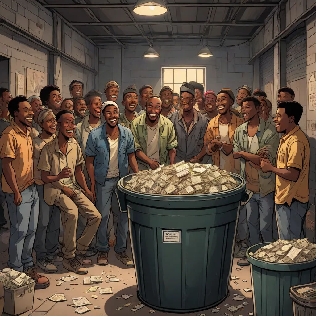 a group of men standing around a large trash can filled with money in a warehouse with a lot of money, underground comix, a comic book panel, Allan Brooks, comic cover art