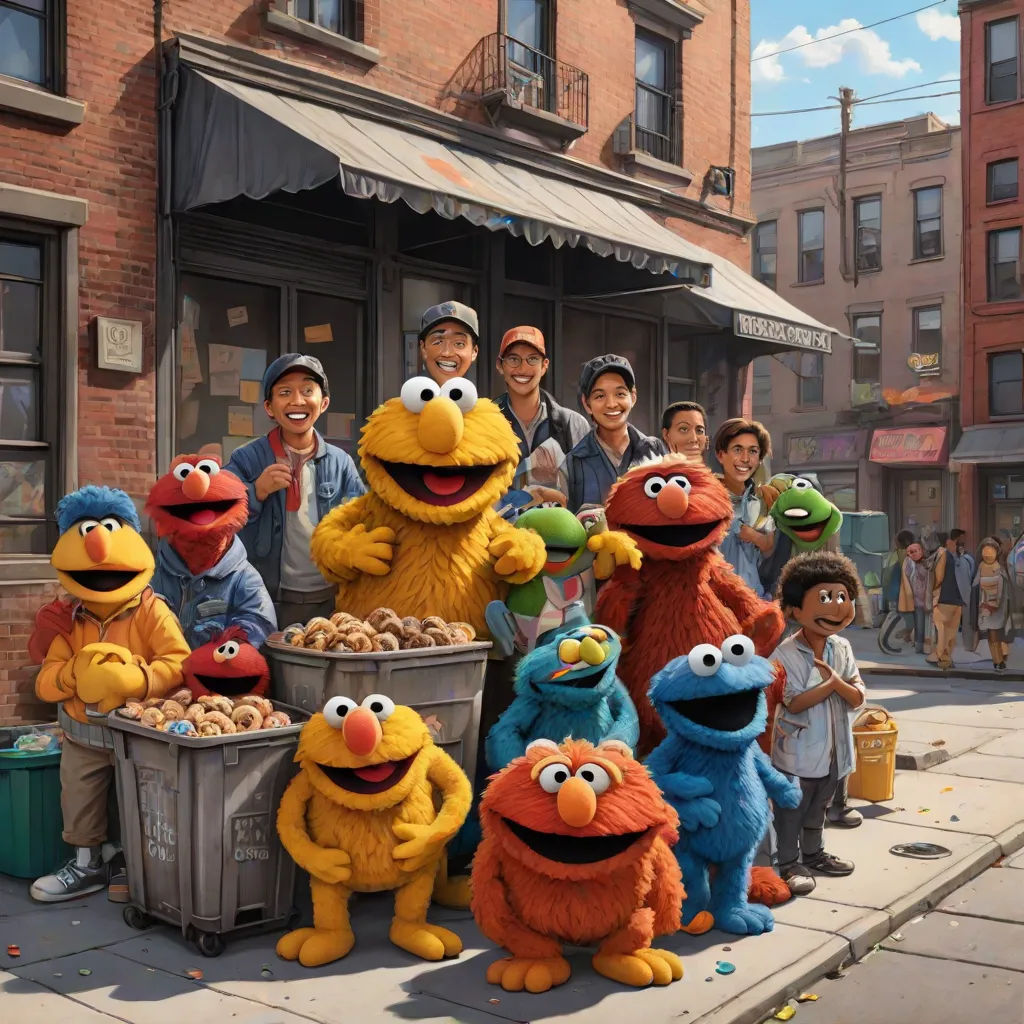 a group of people standing around a group of sesame characters in front of a storefront with a bunch of people standing around, american scene painting, a detailed painting, Chris LaBrooy, official art