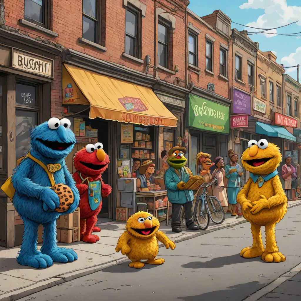a group of sesame characters standing on a street corner with people standing around them and a man in a blue suit, sots art, a storybook illustration, Chris LaBrooy, official art