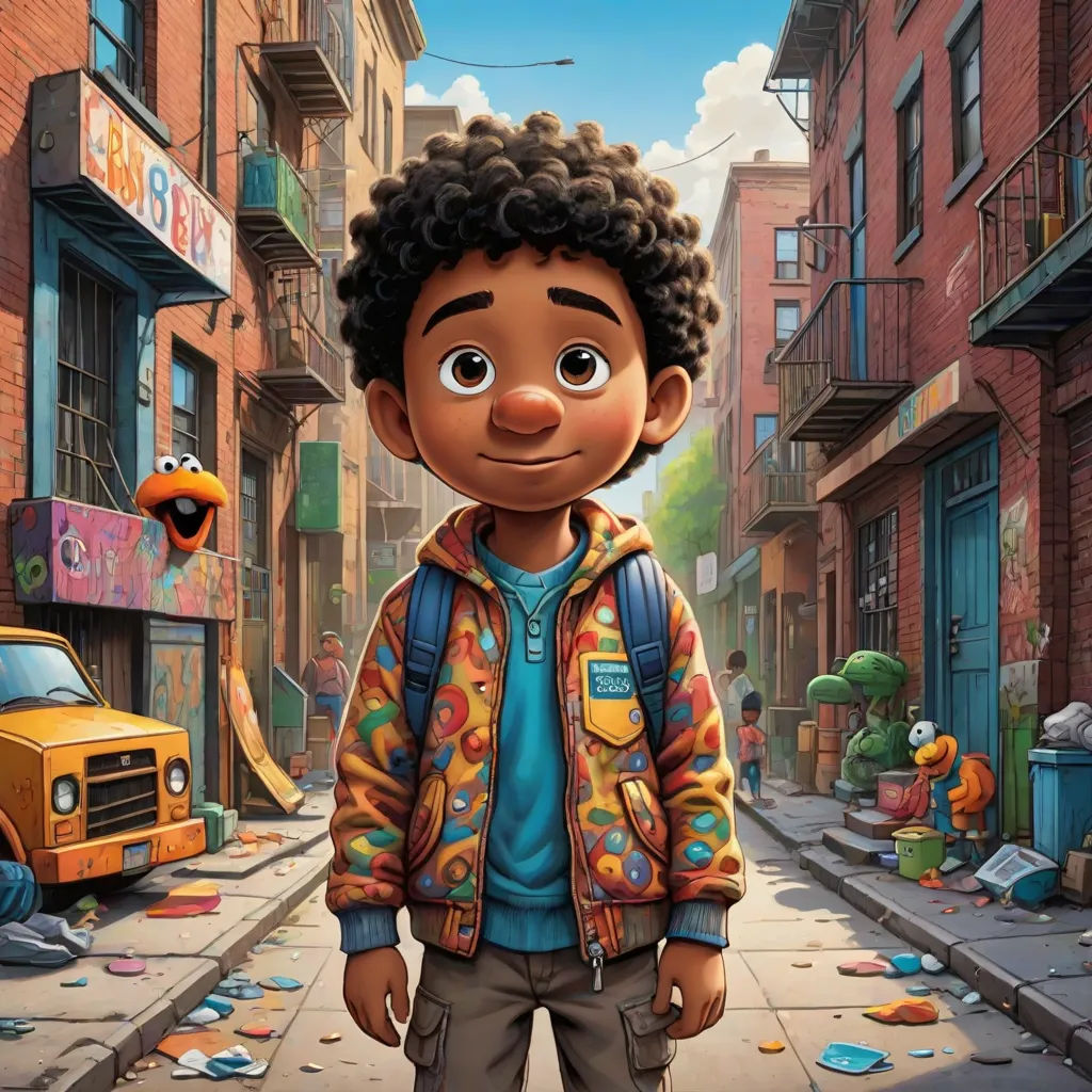 a cartoon character standing in the middle of a street with a yellow truck in the background and a building with a sign that says,'happy birthday ', harlem renaissance, poster art, Chris LaBrooy, key art