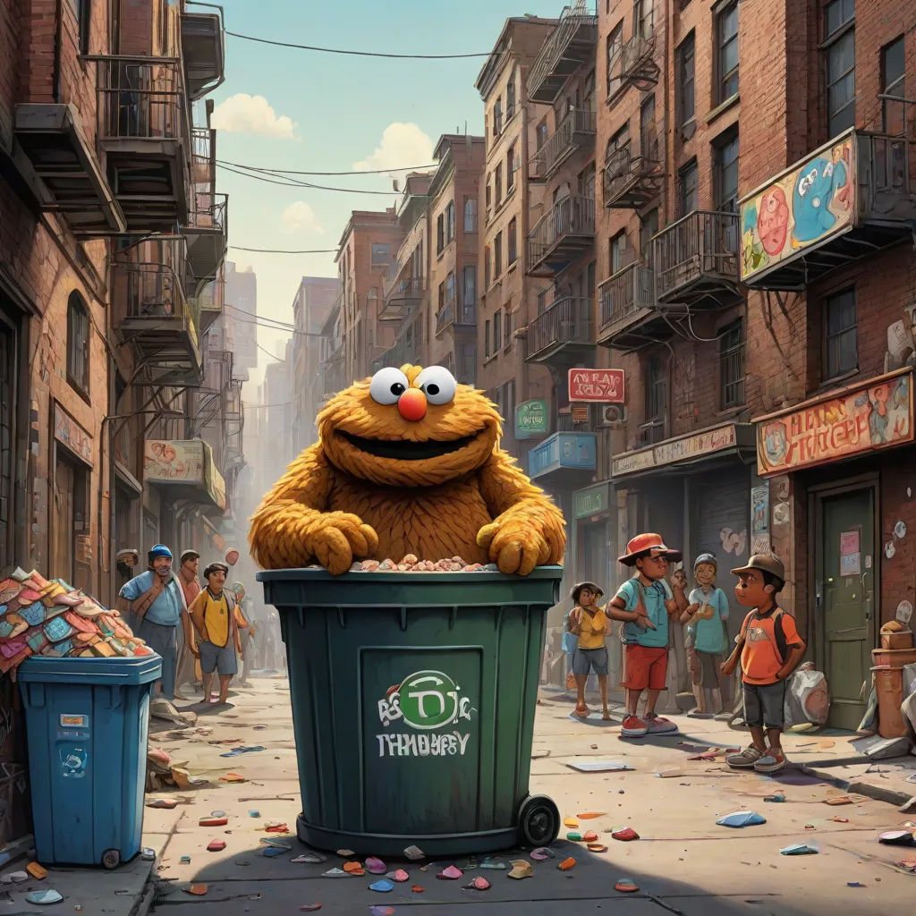 a cartoon character sitting in a trash can in a city street with people standing around it and a garbage can in the foreground, ashcan school, concept art, Chris LaBrooy, promotional image